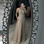 Vestidos de noche formales de lujo de Dubái, corte A, con borlas y cuentas doradas, para mujer, vestidos de fiesta de boda 2025 LA70357 