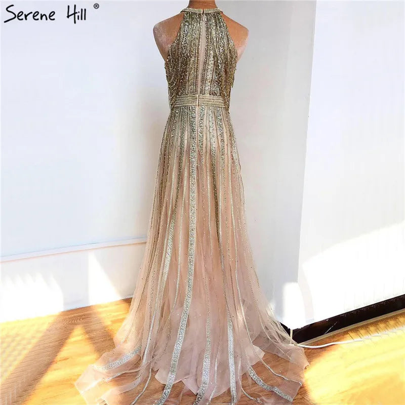 Vestidos de noche formales de lujo de Dubái, corte A, con borlas y cuentas doradas, para mujer, vestidos de fiesta de boda 2025 LA70357 