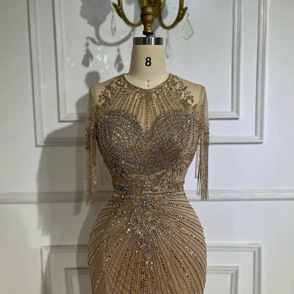Luxury Dubai Arabic Caramel Tassel  Mermaid Beaded Evening Dresses Gowns for Women's Wedding Party 2025 LA72463