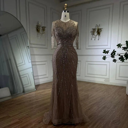Luxury Dubai Arabic Caramel Tassel  Mermaid Beaded Evening Dresses Gowns for Women's Wedding Party 2025 LA72463