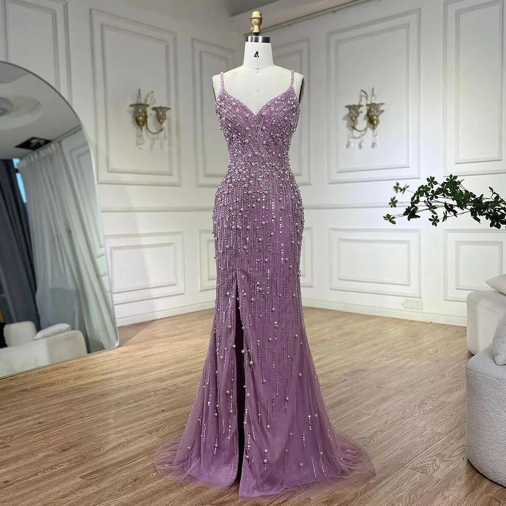Arabisch Rosa High Split Spaghetti Strap Meerjungfrau Abendkleider Kleider Perlen Perlen für Frauen Hochzeit Party LA72464 