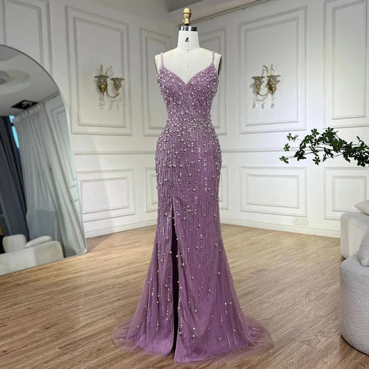 Vestido de noche árabe rosa con escote sirena y tirantes finos, con abertura alta y cuentas de perlas para mujer, para fiesta de boda LA72464 