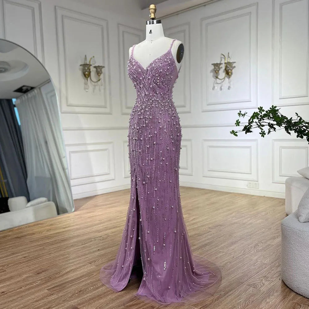 Vestido de noche árabe rosa con escote sirena y tirantes finos, con abertura alta y cuentas de perlas para mujer, para fiesta de boda LA72464 