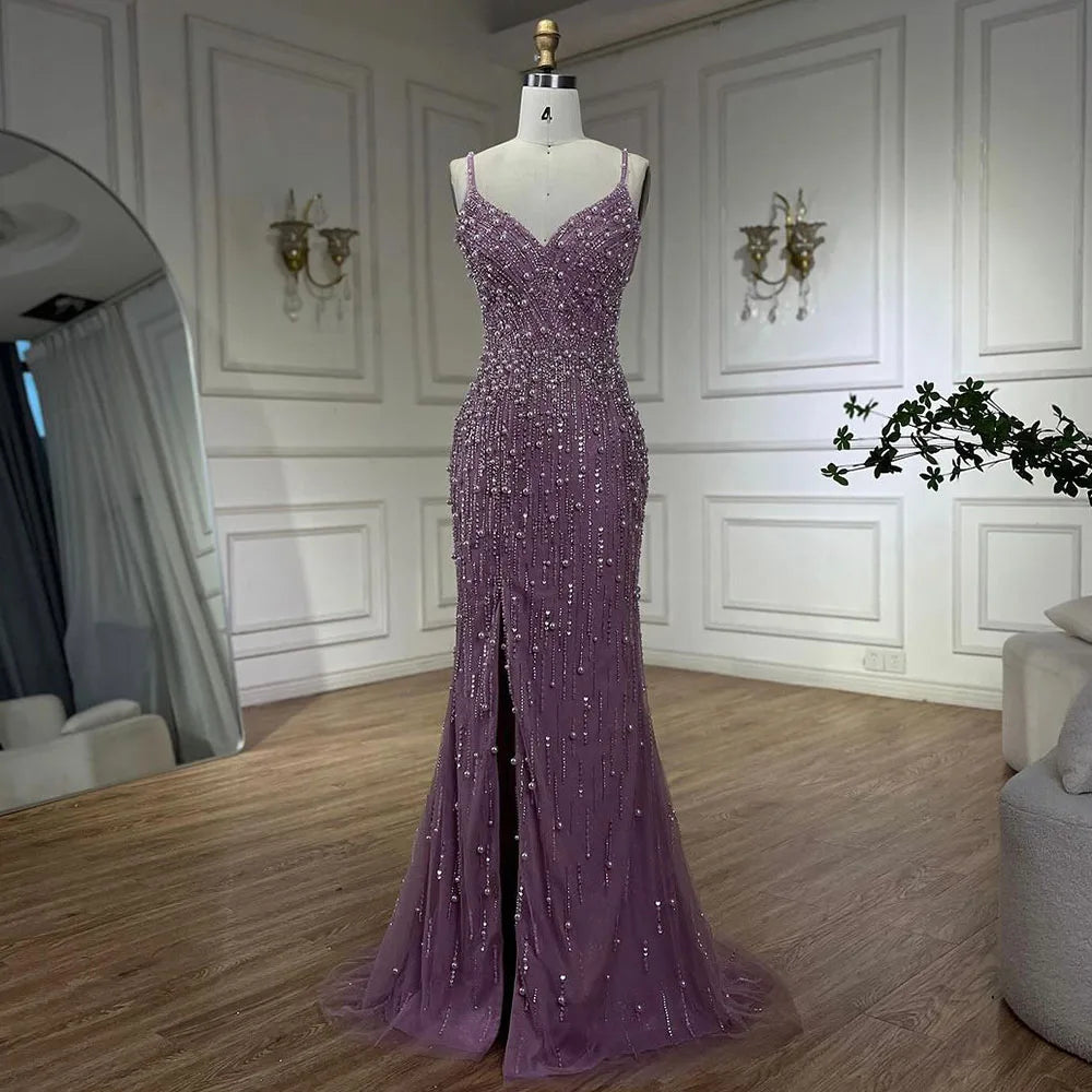 Vestido de noche árabe rosa con escote sirena y tirantes finos, con abertura alta y cuentas de perlas para mujer, para fiesta de boda LA72464 