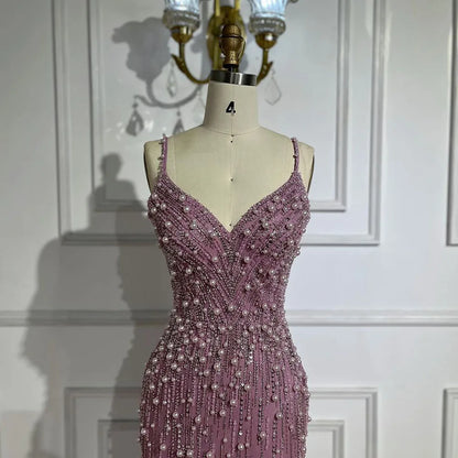 Vestido de noche árabe rosa con escote sirena y tirantes finos, con abertura alta y cuentas de perlas para mujer, para fiesta de boda LA72464 
