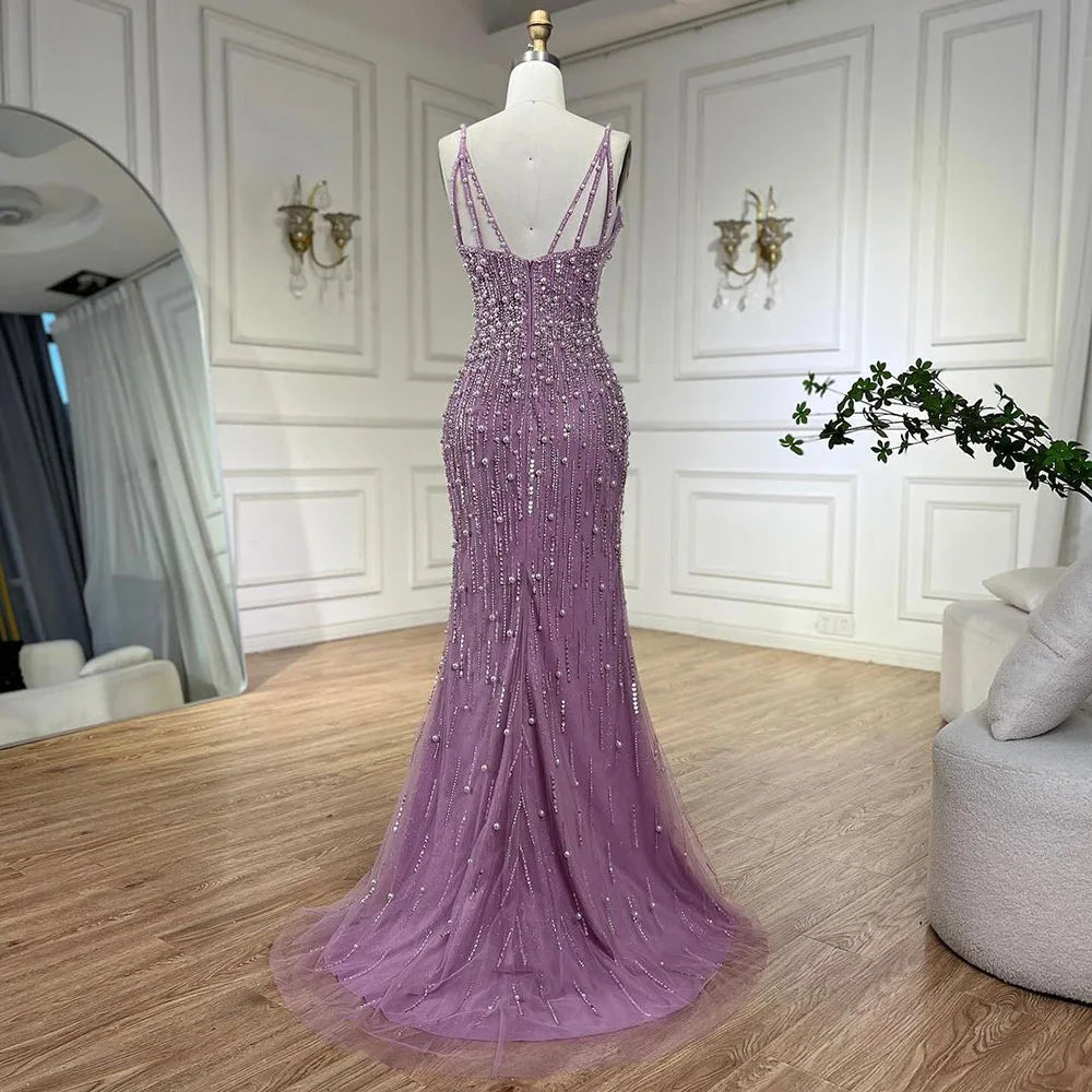 Vestido de noche árabe rosa con escote sirena y tirantes finos, con abertura alta y cuentas de perlas para mujer, para fiesta de boda LA72464 