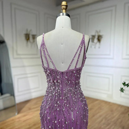 Vestido de noche árabe rosa con escote sirena y tirantes finos, con abertura alta y cuentas de perlas para mujer, para fiesta de boda LA72464 