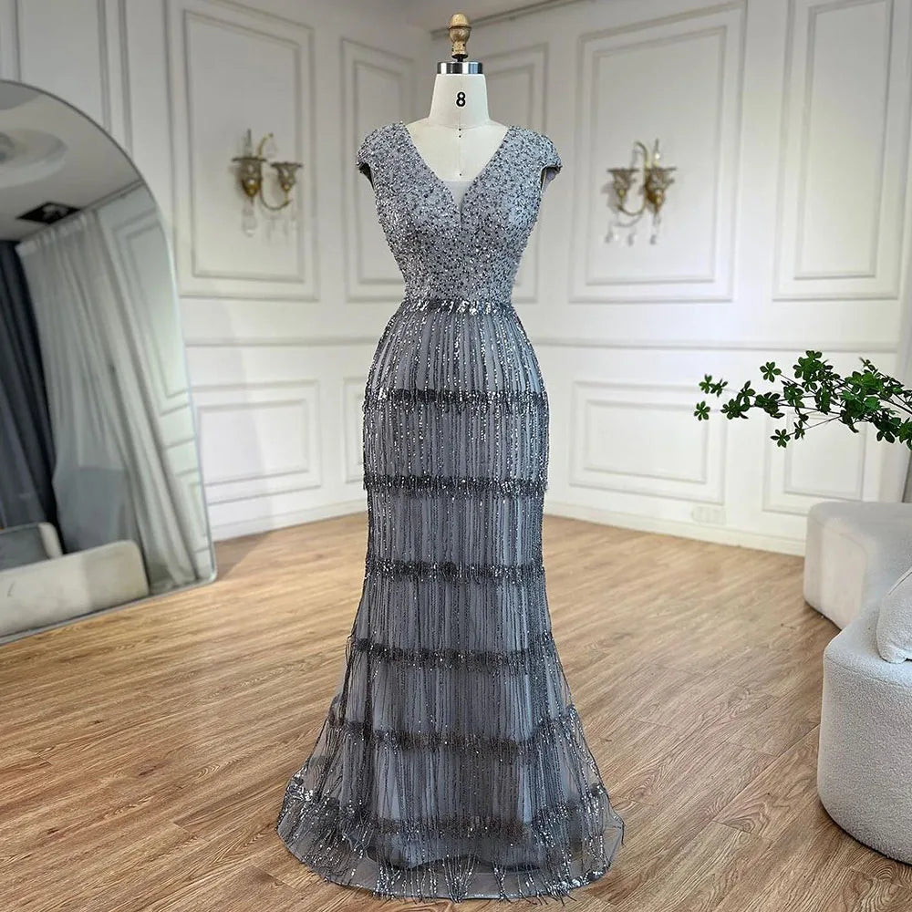 Luxury Dubai Arabic Mermaid Gold Elegant Tassel Beaded Evening Dresses Gowns for Women's Wedding Party 2025 LA72581