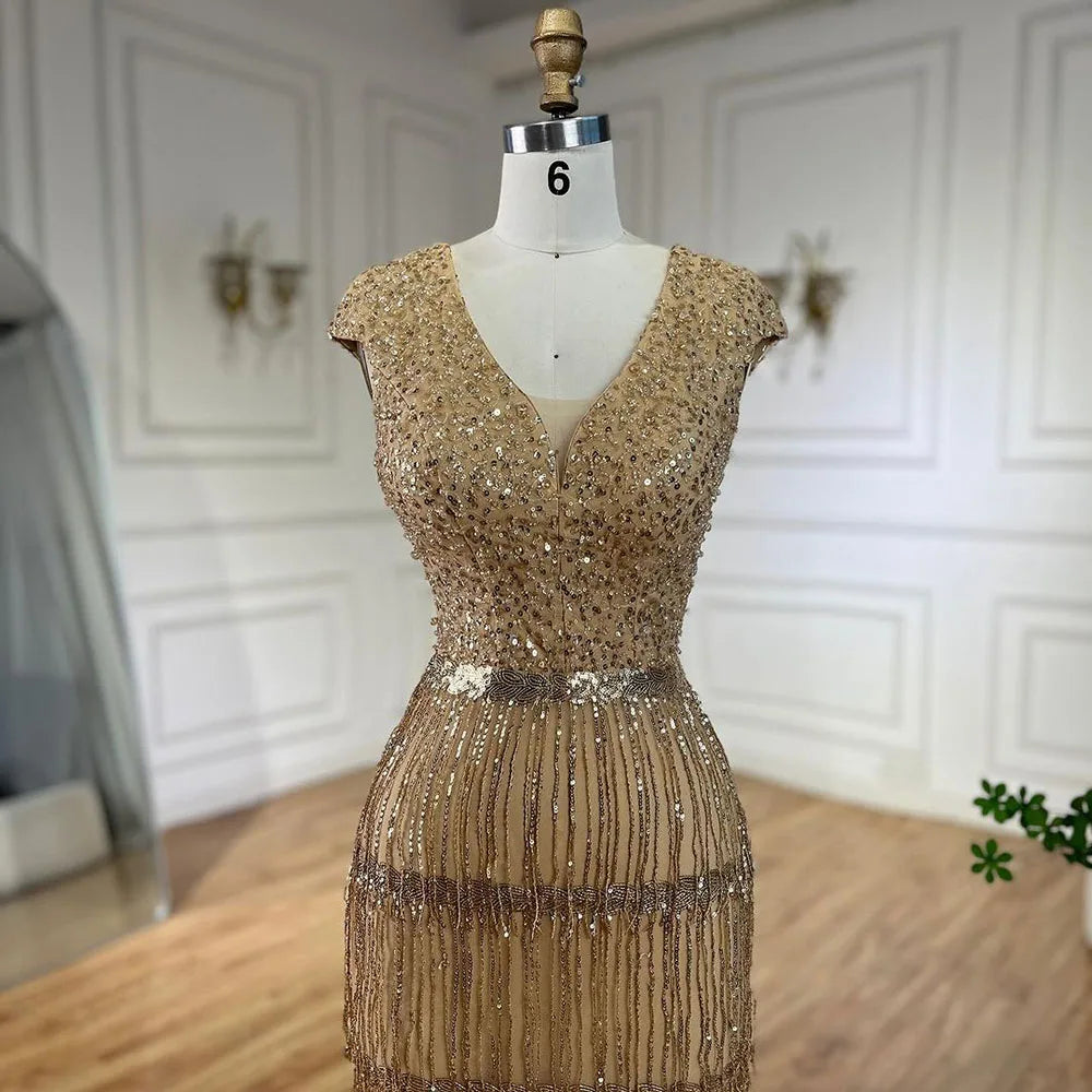 Luxury Dubai Arabic Mermaid Gold Elegant Tassel Beaded Evening Dresses Gowns for Women's Wedding Party 2025 LA72581