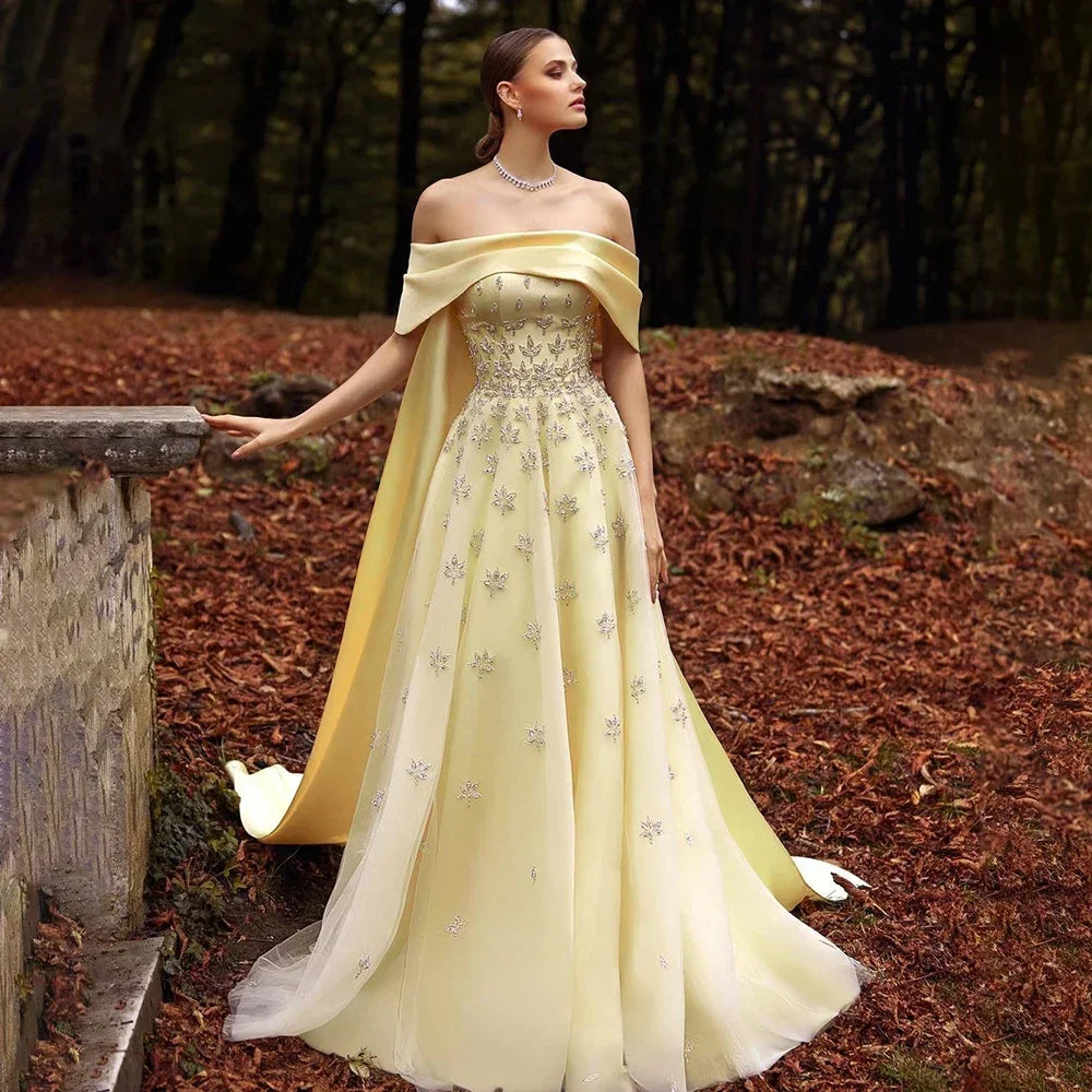 Luxus Dubai Arabisch Gelb Elegante Boot-ausschnitt Lange Abendkleid Perlen Party Kleid für frauen Hochzeit LA72531 