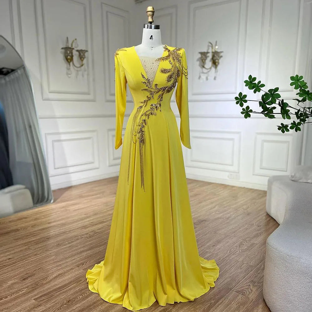 Luxus Dubai Arabisch Gelb Meerjungfrau Elegante Quaste Perlen Abendkleider Kleider Für Frauen Hochzeit Party 2025 LA72555 