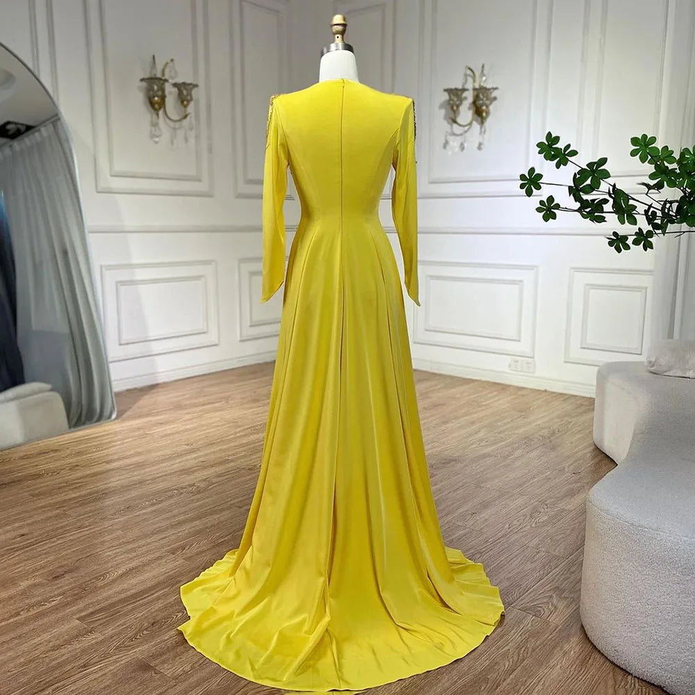 Luxus Dubai Arabisch Gelb Meerjungfrau Elegante Quaste Perlen Abendkleider Kleider Für Frauen Hochzeit Party 2025 LA72555 