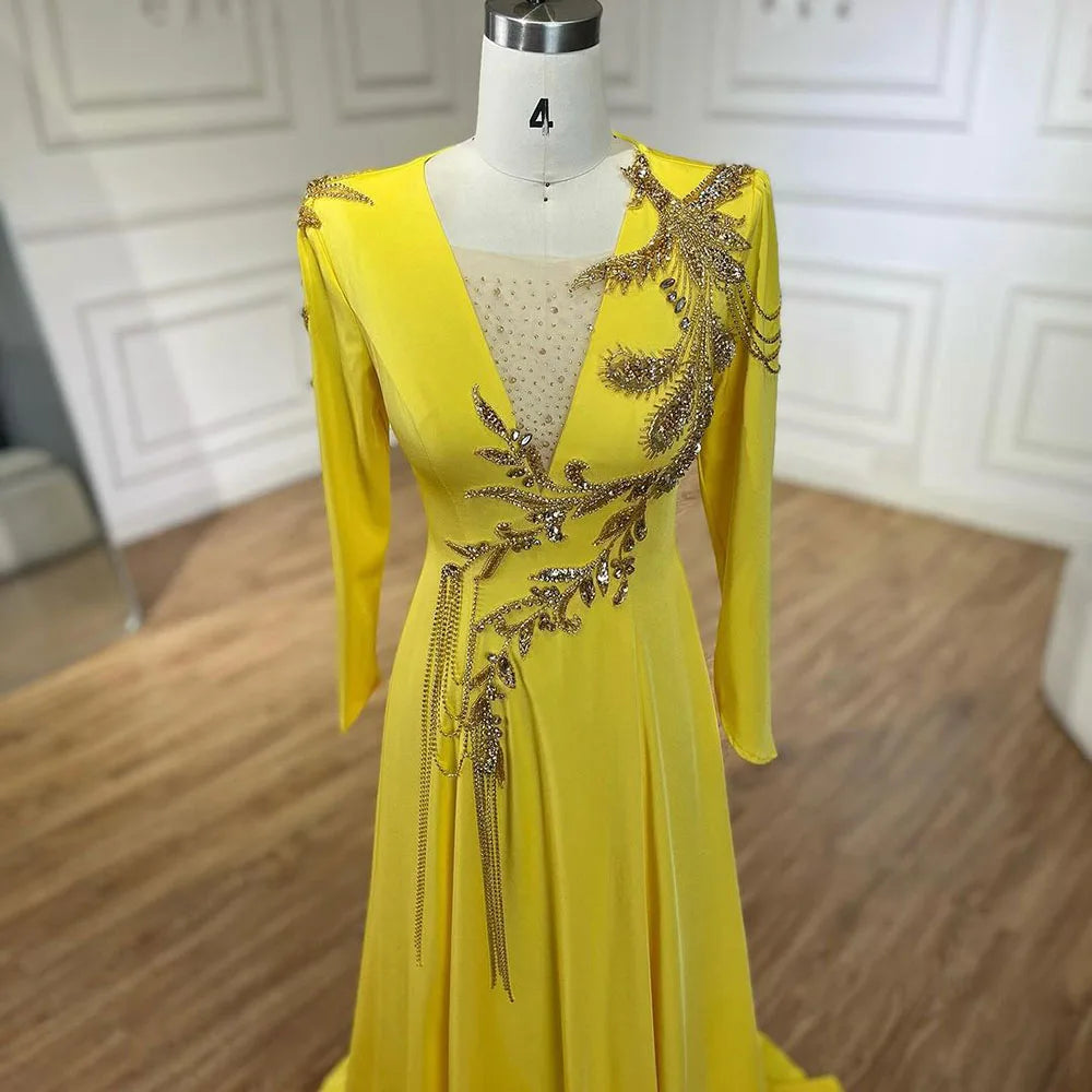 Luxus Dubai Arabisch Gelb Meerjungfrau Elegante Quaste Perlen Abendkleider Kleider Für Frauen Hochzeit Party 2025 LA72555 