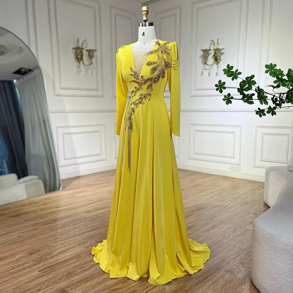 Luxus Dubai Arabisch Gelb Meerjungfrau Elegante Quaste Perlen Abendkleider Kleider Für Frauen Hochzeit Party 2025 LA72555 