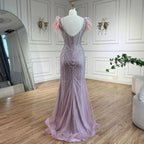 Luxury Dubai Blue Strapless Mermaid Evening Dresses Gowns Pearls Feathers Beaded for Women Wedding Party LA72578