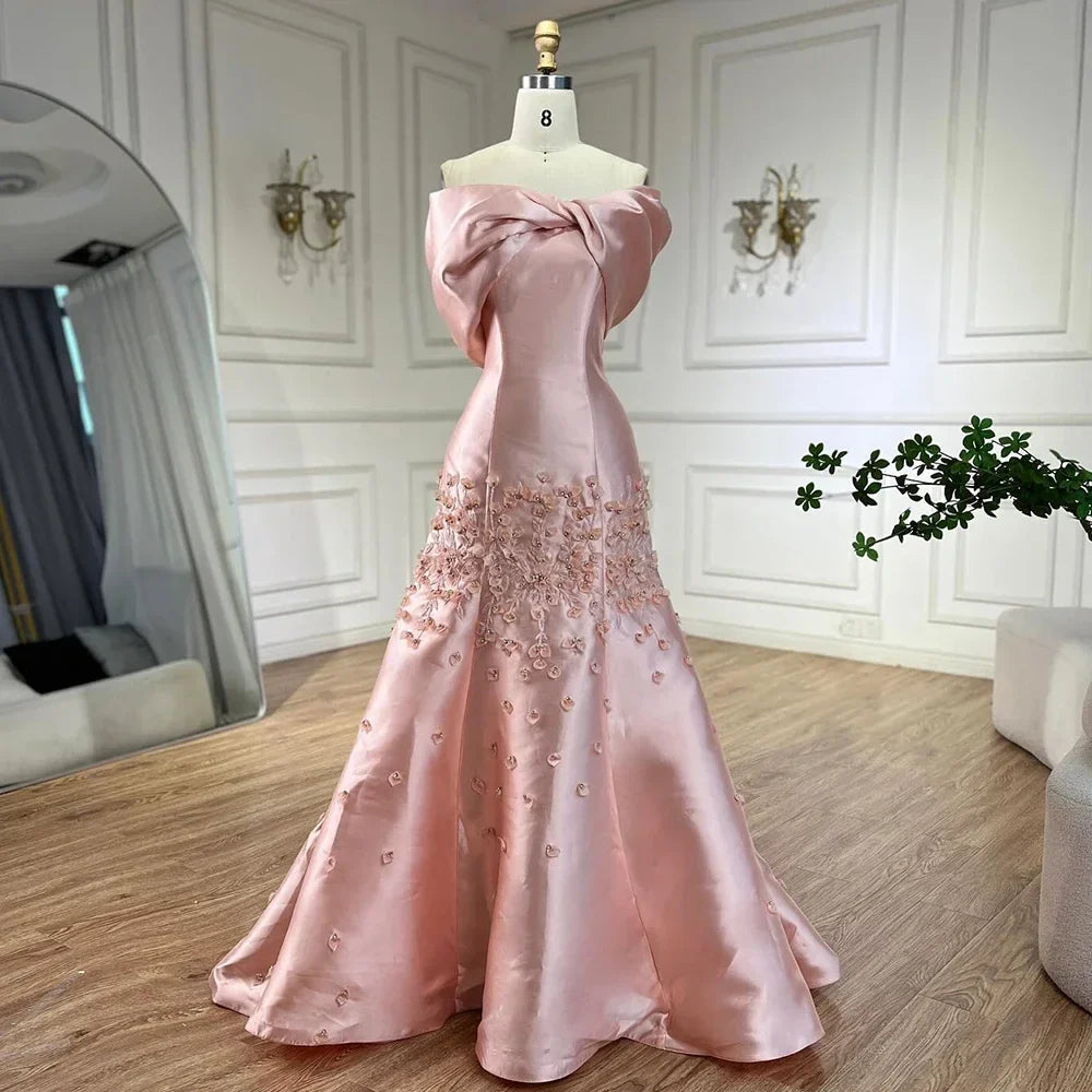 Luxus Dubai Elegante Appliques Meerjungfrau Pfirsich Satin Lange Abendkleider Kleider für Frauen Hochzeit Party 2025 LA72483 