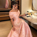 Luxus Dubai Elegante Appliques Meerjungfrau Pfirsich Satin Lange Abendkleider Kleider für Frauen Hochzeit Party 2025 LA72483 