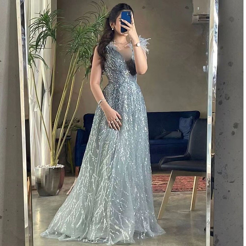 Luxus Dubai Federn Abendkleider 2025 Sexy V-ausschnitt Perlen Blau Lange Formale Party Kleider Für Frauen Hochzeit LA71805 