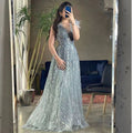 Luxus Dubai Federn Abendkleider 2025 Sexy V-ausschnitt Perlen Blau Lange Formale Party Kleider Für Frauen Hochzeit LA71805 