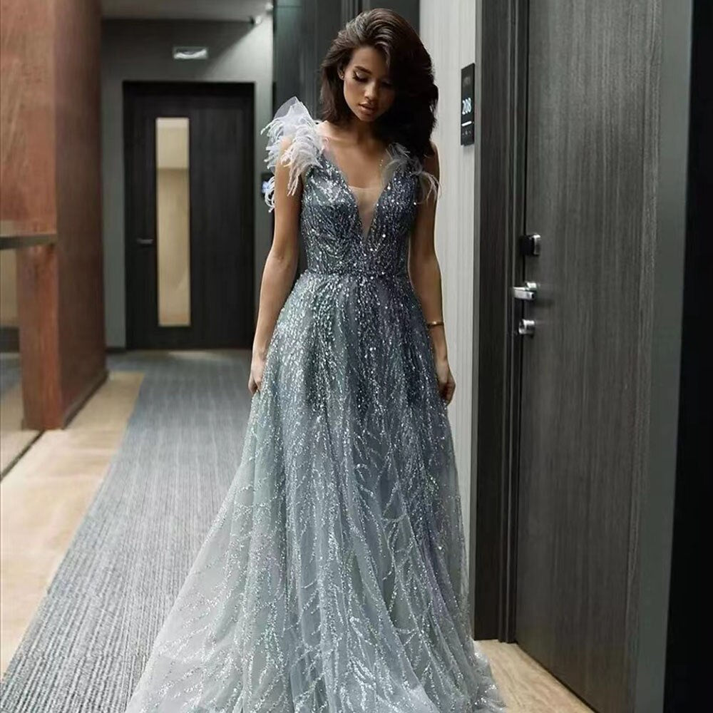 Luxus Dubai Federn Abendkleider 2025 Sexy V-ausschnitt Perlen Blau Lange Formale Party Kleider Für Frauen Hochzeit LA71805 