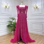 En oferta, sin devolución ni reembolso, lujosos vestidos de noche fucsia de Dubái para mujer, boda 2025, sobrefalda de manga larga, fiesta formal árabe LA71678 
