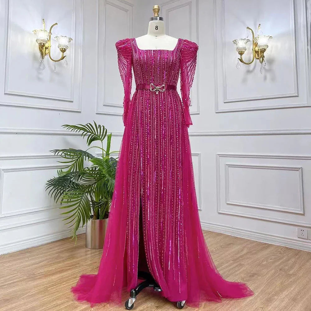 En oferta, sin devolución ni reembolso, lujosos vestidos de noche fucsia de Dubái para mujer, boda 2025, sobrefalda de manga larga, fiesta formal árabe LA71678 