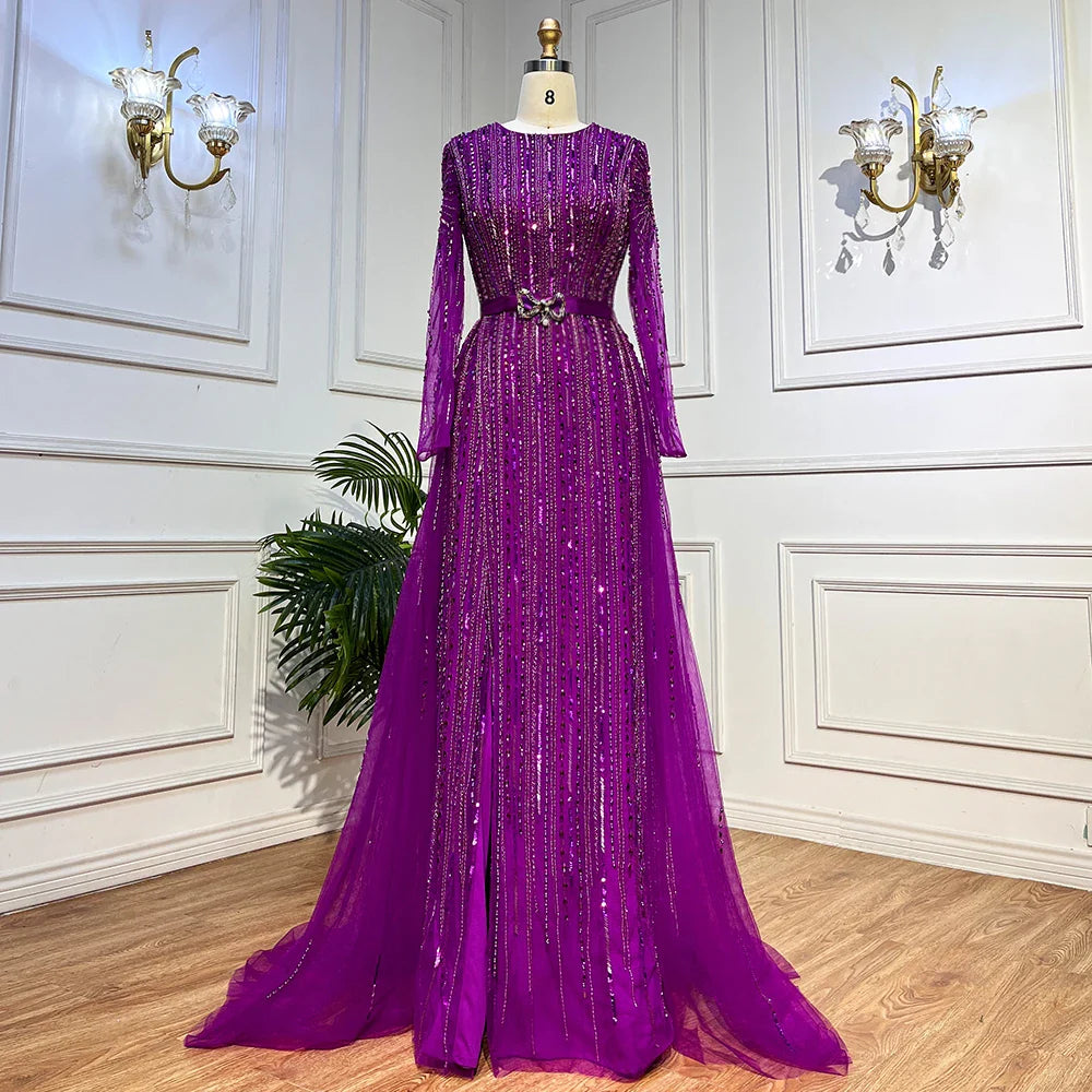 En oferta, sin devolución ni reembolso, lujosos vestidos de noche fucsia de Dubái para mujer, boda 2025, sobrefalda de manga larga, fiesta formal árabe LA71678 