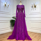En oferta, sin devolución ni reembolso, lujosos vestidos de noche fucsia de Dubái para mujer, boda 2025, sobrefalda de manga larga, fiesta formal árabe LA71678 