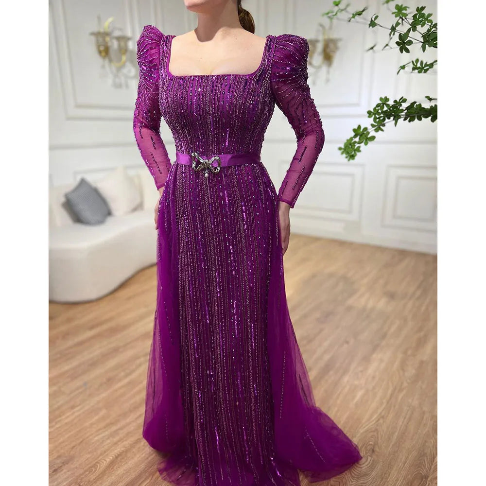 En oferta, sin devolución ni reembolso, lujosos vestidos de noche fucsia de Dubái para mujer, boda 2025, sobrefalda de manga larga, fiesta formal árabe LA71678 