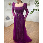 En oferta, sin devolución ni reembolso, lujosos vestidos de noche fucsia de Dubái para mujer, boda 2025, sobrefalda de manga larga, fiesta formal árabe LA71678 