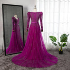 En oferta, sin devolución ni reembolso, lujosos vestidos de noche fucsia de Dubái para mujer, boda 2025, sobrefalda de manga larga, fiesta formal árabe LA71678 
