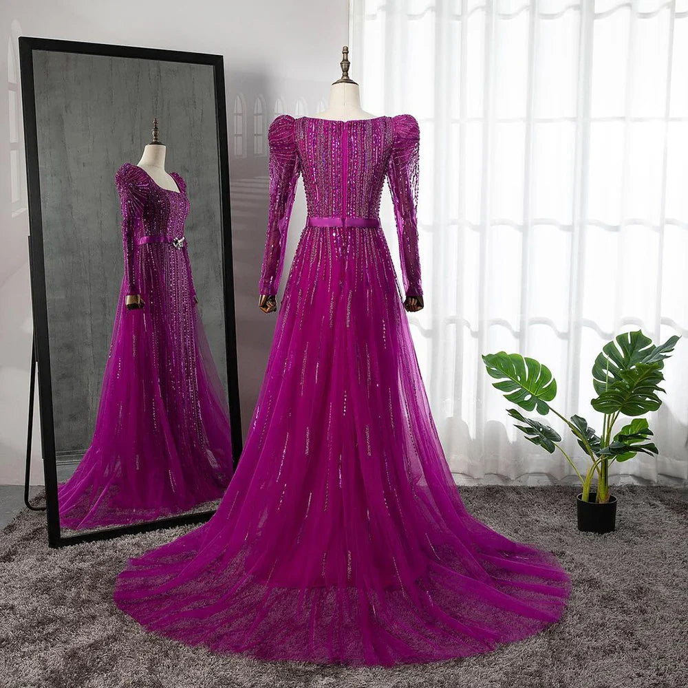 En oferta, sin devolución ni reembolso, lujosos vestidos de noche fucsia de Dubái para mujer, boda 2025, sobrefalda de manga larga, fiesta formal árabe LA71678 