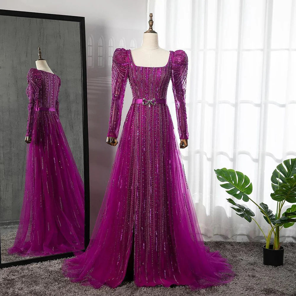En oferta, sin devolución ni reembolso, lujosos vestidos de noche fucsia de Dubái para mujer, boda 2025, sobrefalda de manga larga, fiesta formal árabe LA71678 