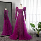 En oferta, sin devolución ni reembolso, lujosos vestidos de noche fucsia de Dubái para mujer, boda 2025, sobrefalda de manga larga, fiesta formal árabe LA71678 