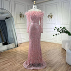 Luxus Dubai Grün Boot-ausschnitt Meerjungfrau Elegante Federn Perlen Abendkleider Kleider Für Frau Hochzeit Party LA72553 