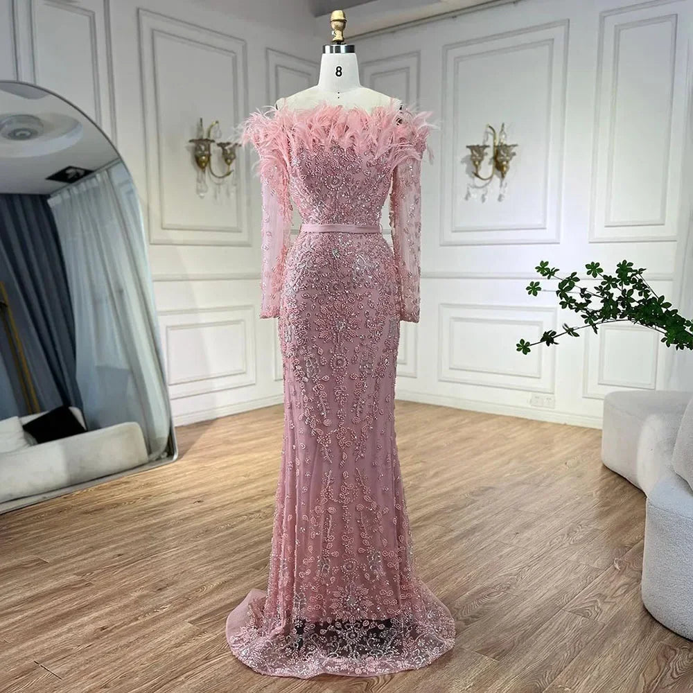 Luxus Dubai Grün Boot-ausschnitt Meerjungfrau Elegante Federn Perlen Abendkleider Kleider Für Frau Hochzeit Party LA72553 