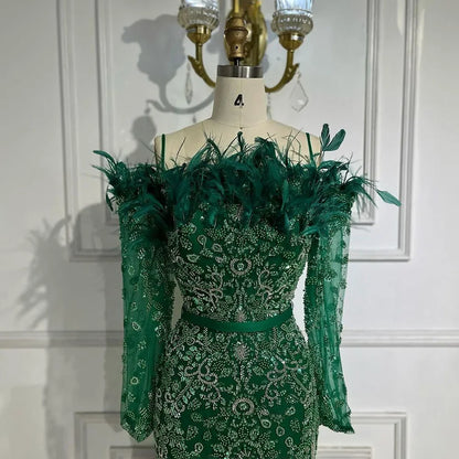 Luxury Dubai Green Boat Neck Mermaid Elegant Feathers Beaded Evening Dresses Gowns For Woman Wedding Party LA72553