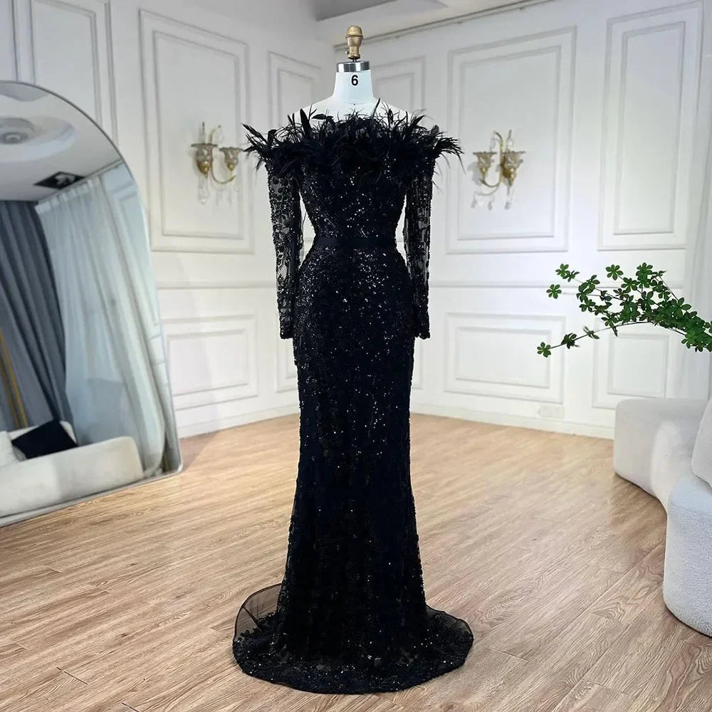 Luxus Dubai Grün Boot-ausschnitt Meerjungfrau Elegante Federn Perlen Abendkleider Kleider Für Frau Hochzeit Party LA72553 