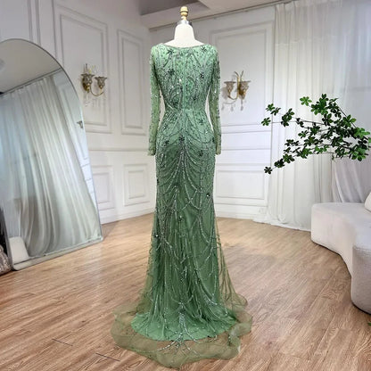Luxuriöses Dubai Grünes Meerjungfrau Abendkleid mit langen Ärmeln LA72242