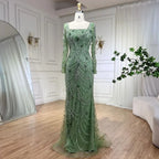 Luxury Dubai Green Mermaid Evening Dress Long Sleeves LA72242