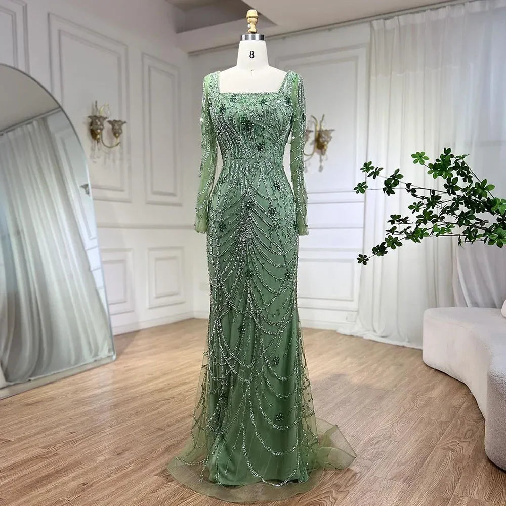 Luxuriöses Dubai Grünes Meerjungfrau Abendkleid mit langen Ärmeln LA72242