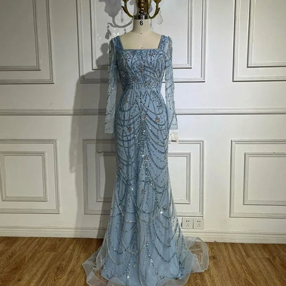 Luxuriöses Dubai Grünes Meerjungfrau Abendkleid mit langen Ärmeln LA72242