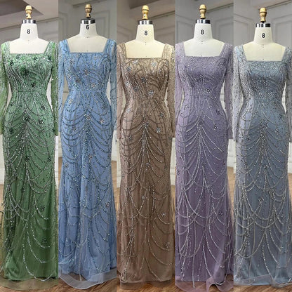 Luxuriöses Dubai Grünes Meerjungfrau Abendkleid mit langen Ärmeln LA72242