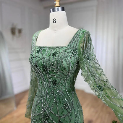 Luxuriöses Dubai Grünes Meerjungfrau Abendkleid mit langen Ärmeln LA72242