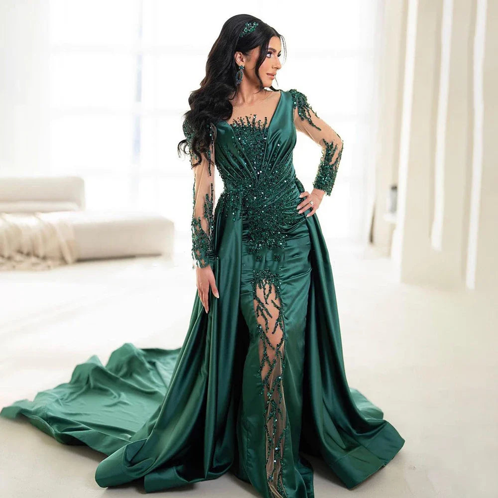 Luxus Dubai Grün Meerjungfrau Spitze Perlen Satin Abendkleider Formale Kleider 2025 Für Frau Hochzeit Party LA72202A 