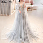 Luxus Dubai Grau Abend Formale Kleider mit Feder Cape Schal Gold Arabisch Frauen Hochzeit Party Kleider Lange LA70640 