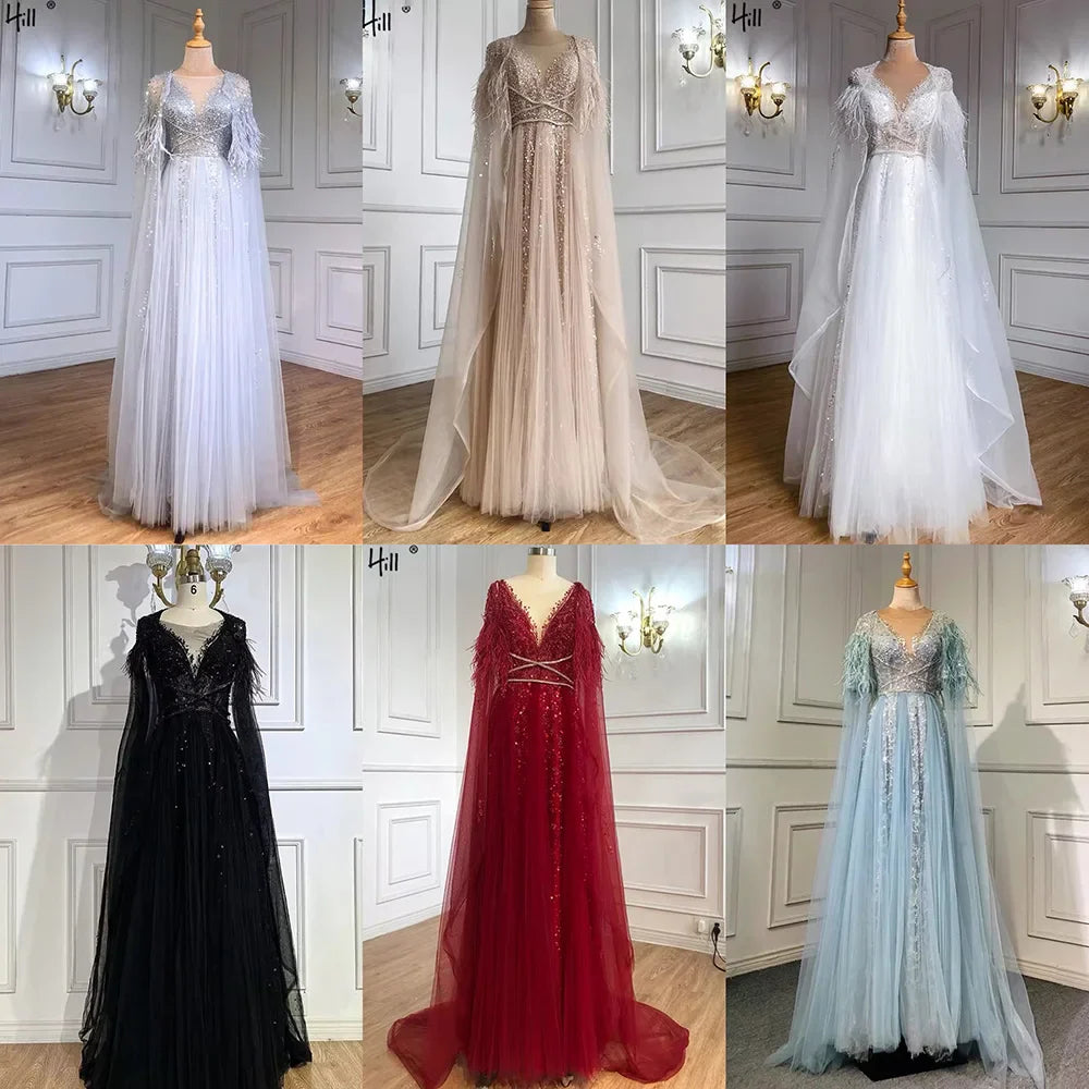 Luxus Dubai Grau Abend Formale Kleider mit Feder Cape Schal Gold Arabisch Frauen Hochzeit Party Kleider Lange LA70640 