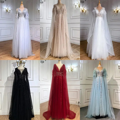 Luxury Dubai Grey Evening Formal Dresses with Feather Cape Shawl Gold Arabic Women Wedding Party Gowns Long LA70640