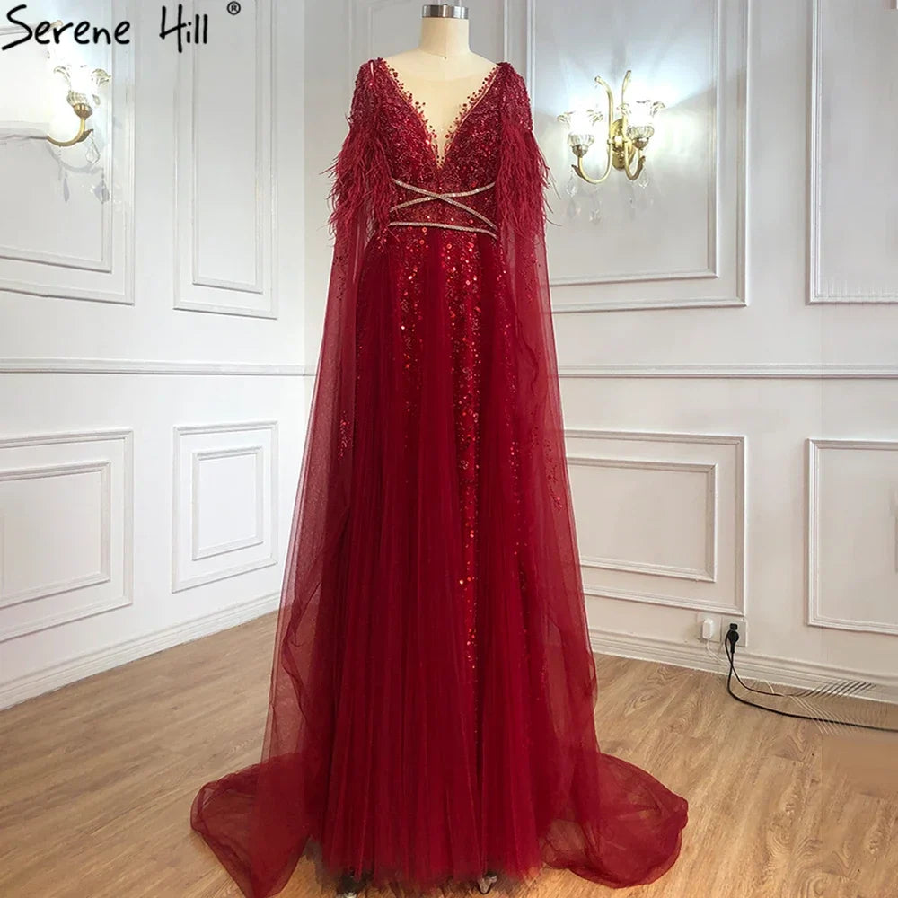 Luxus Dubai Grau Abend Formale Kleider mit Feder Cape Schal Gold Arabisch Frauen Hochzeit Party Kleider Lange LA70640 