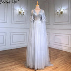 Luxus Dubai Grau Abend Formale Kleider mit Feder Cape Schal Gold Arabisch Frauen Hochzeit Party Kleider Lange LA70640 